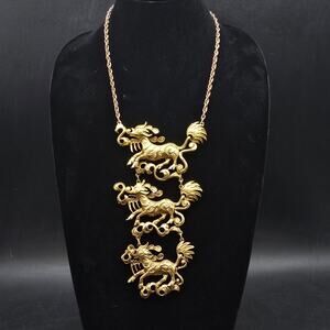 Qilin Dragon Statement Bib Necklace Runway Gold Tone Vintage Jewelry